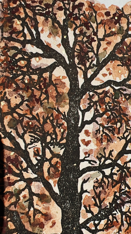 Autumn Escape Unique Original Lino Print & Watercolour