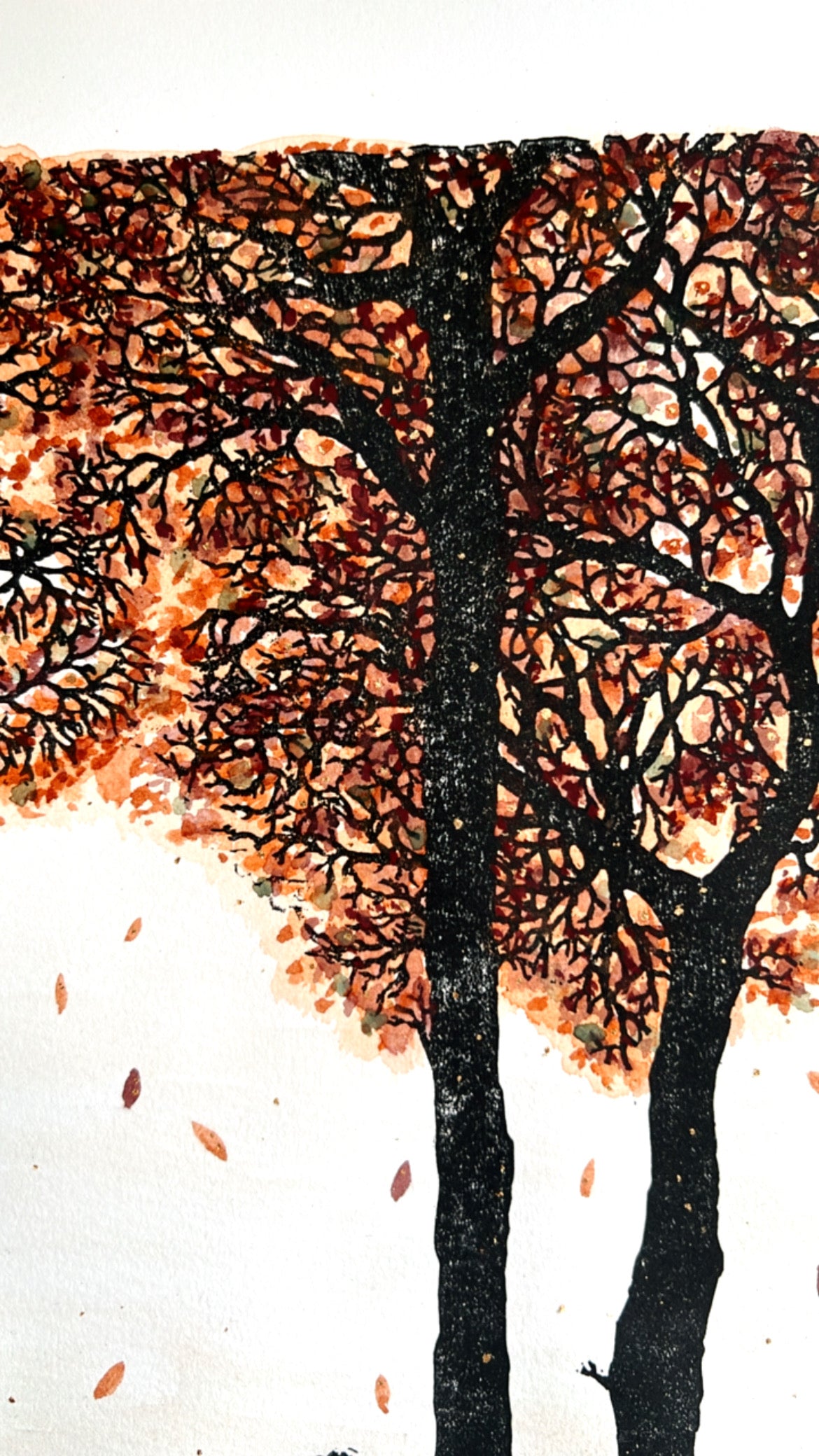 Autumn Escape Unique Original Lino Print & Watercolour