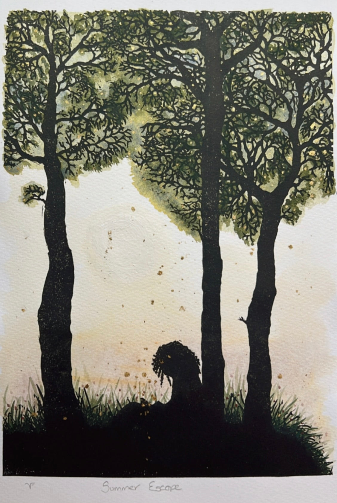 Summer Escape Unique Original Lino Print & Watercolour