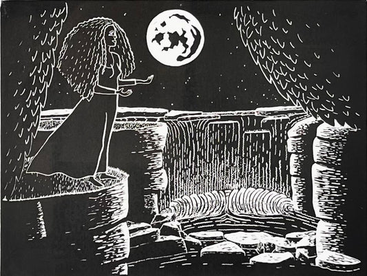 Framed Waterfall & Moonlight Blessings Original Lino Print