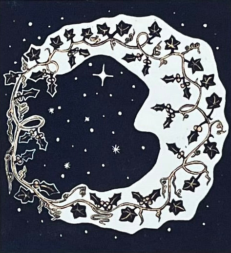 A square greetings card featuring a white crescent moon and dark navy, gold and white holly leaf wreath on a starry background.