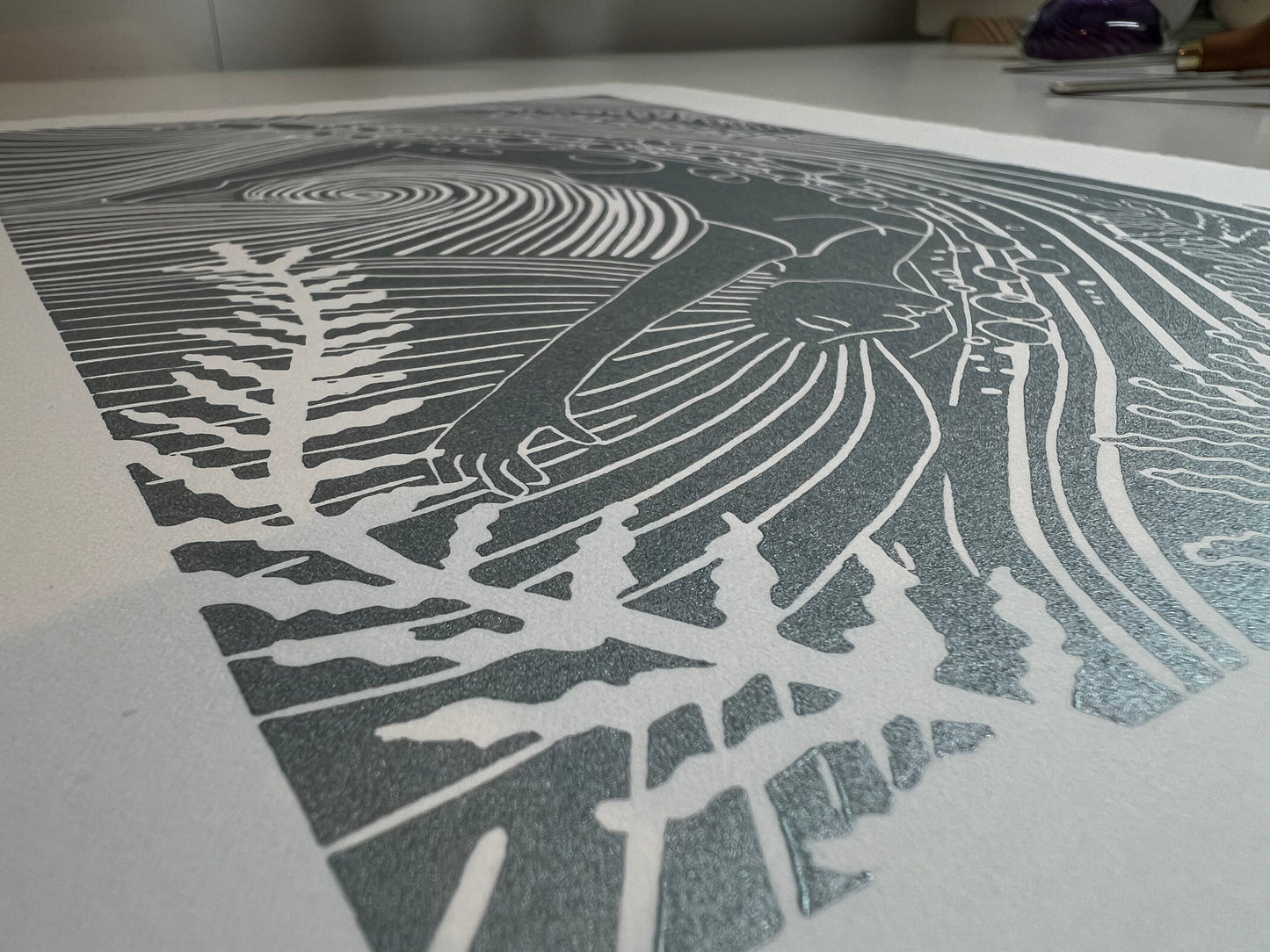 Framed Deep Dive Original Lino Print