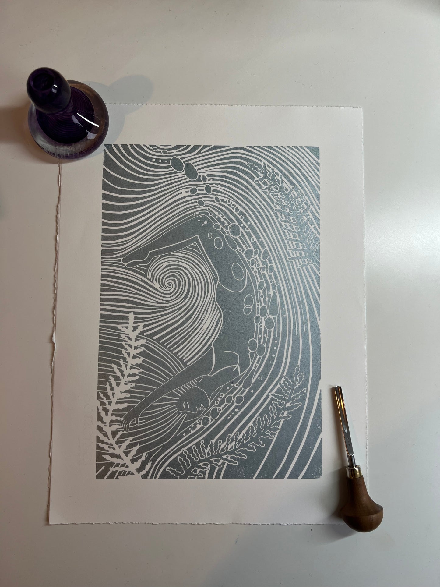 Framed Deep Dive Original Lino Print
