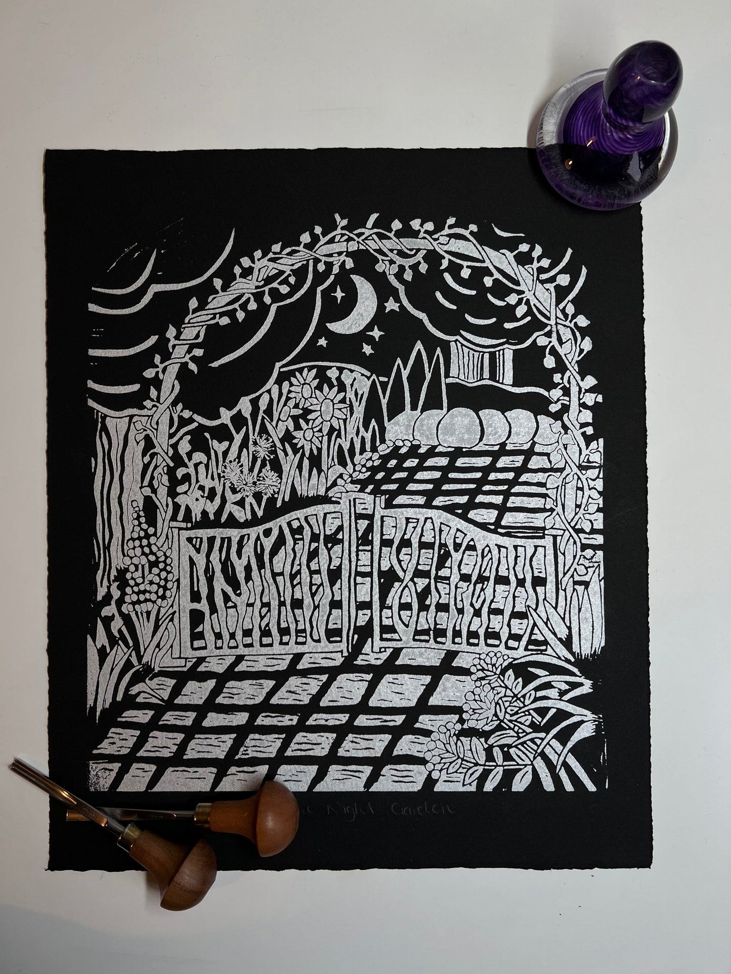 Framed The Night Garden Original Lino Print