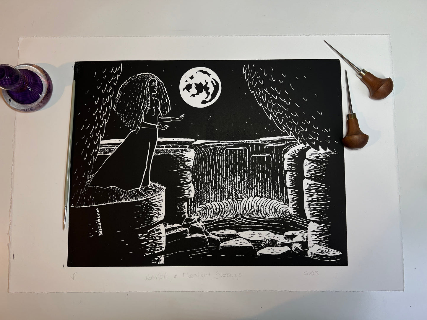 Framed Waterfall & Moonlight Blessings Original Lino Print