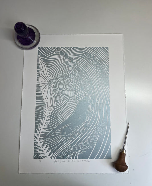 Deep Dive: A Mermaid's Tale Original Lino Print