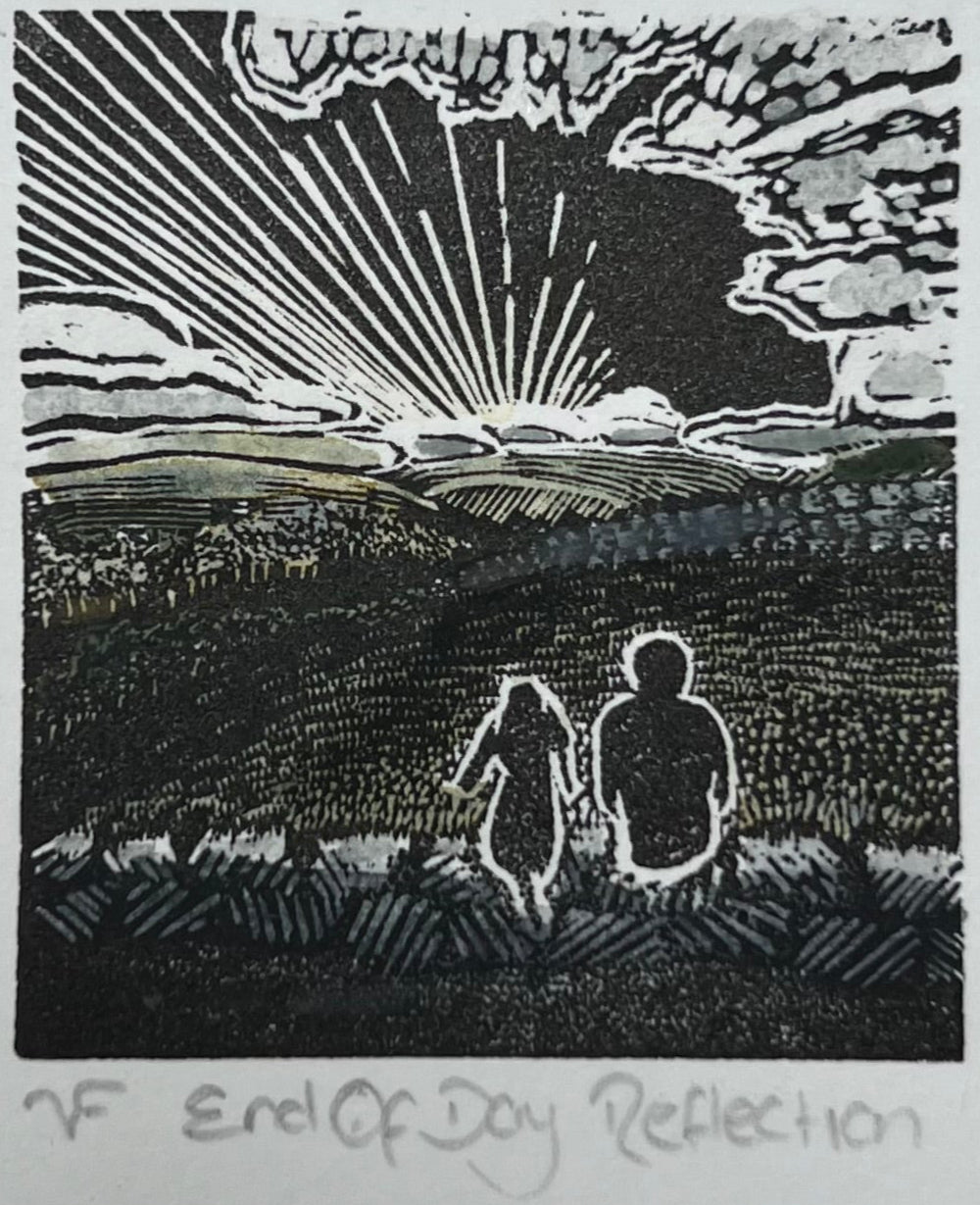End Of Day Reflection Original Wood Engraving & Watercolour Print