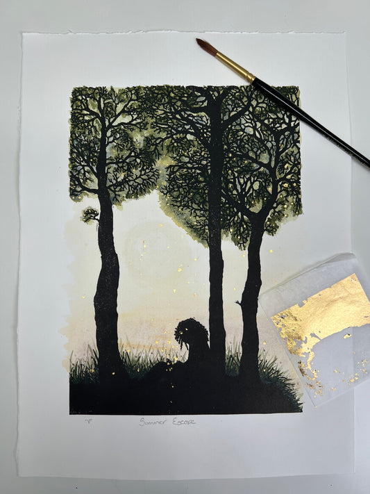 Summer Escape Unique Original Lino Print & Watercolour