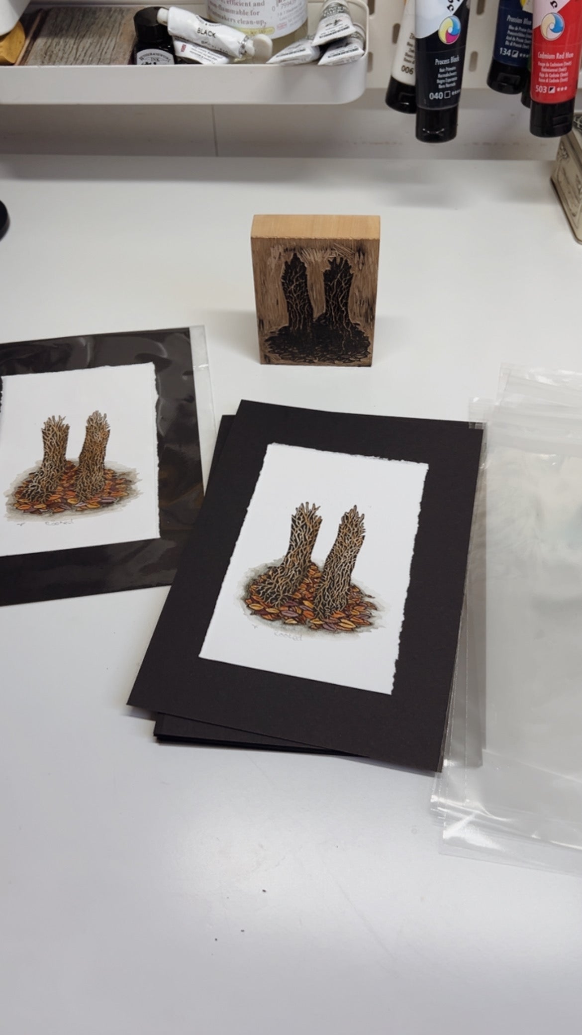 Rooted Original Wood Engraving & Watercolour Print