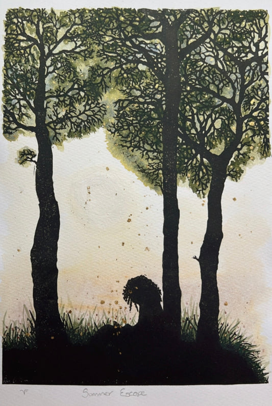 Summer Escape Unique Original Lino Print & Watercolour