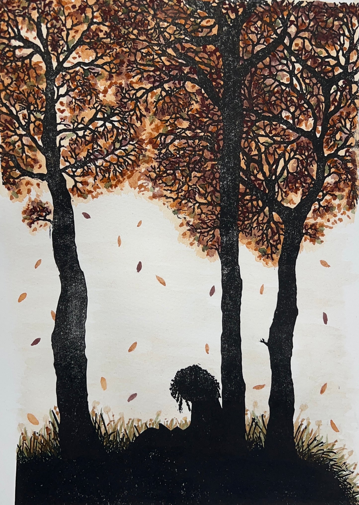 Autumn Escape Unique Original Lino Print & Watercolour
