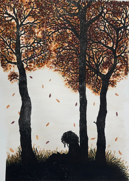 Autumn Escape Unique Original Lino Print & Watercolour