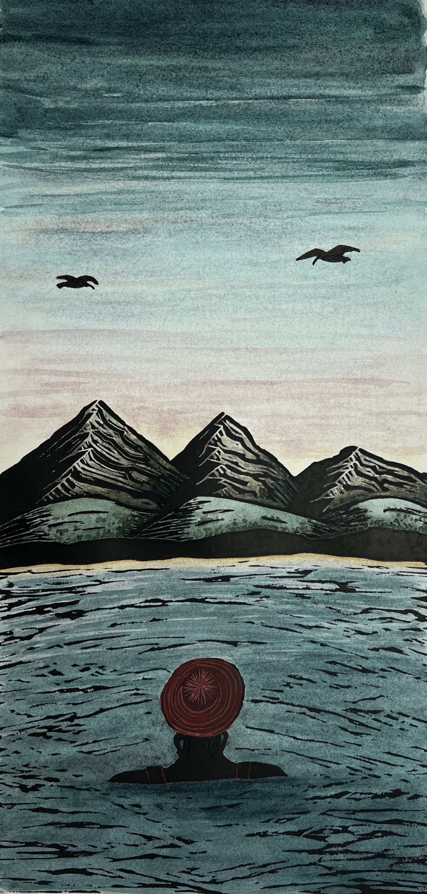 Person with a red hat submerged in the sea, mountains in the background