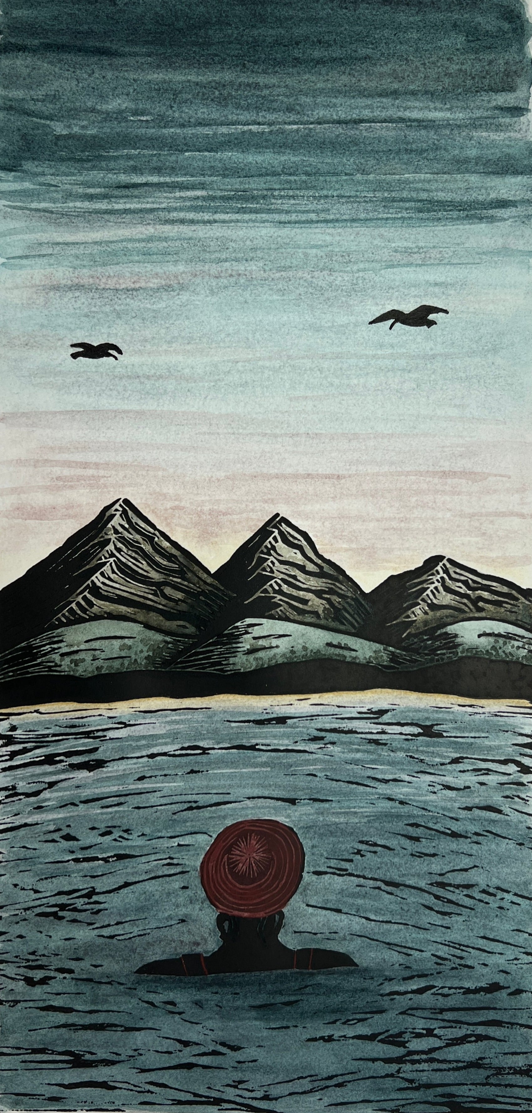Person with a red hat submerged in the sea, mountains in the background