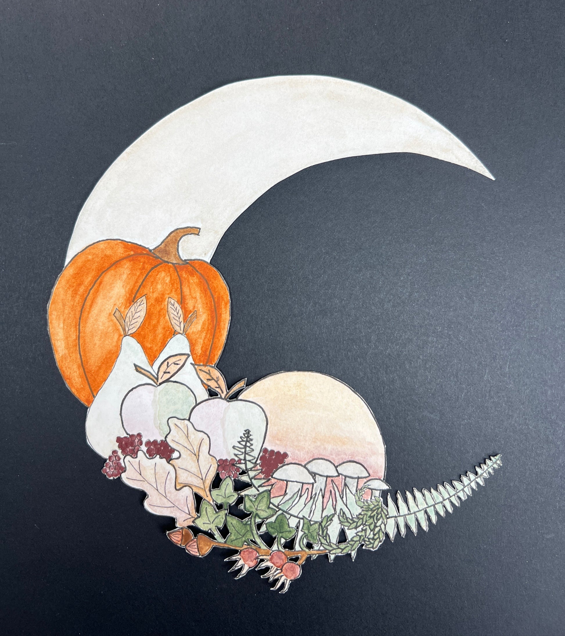 Decorative design with a white crescent moon, orange pumpkin, and autumn leaves on a dark background
