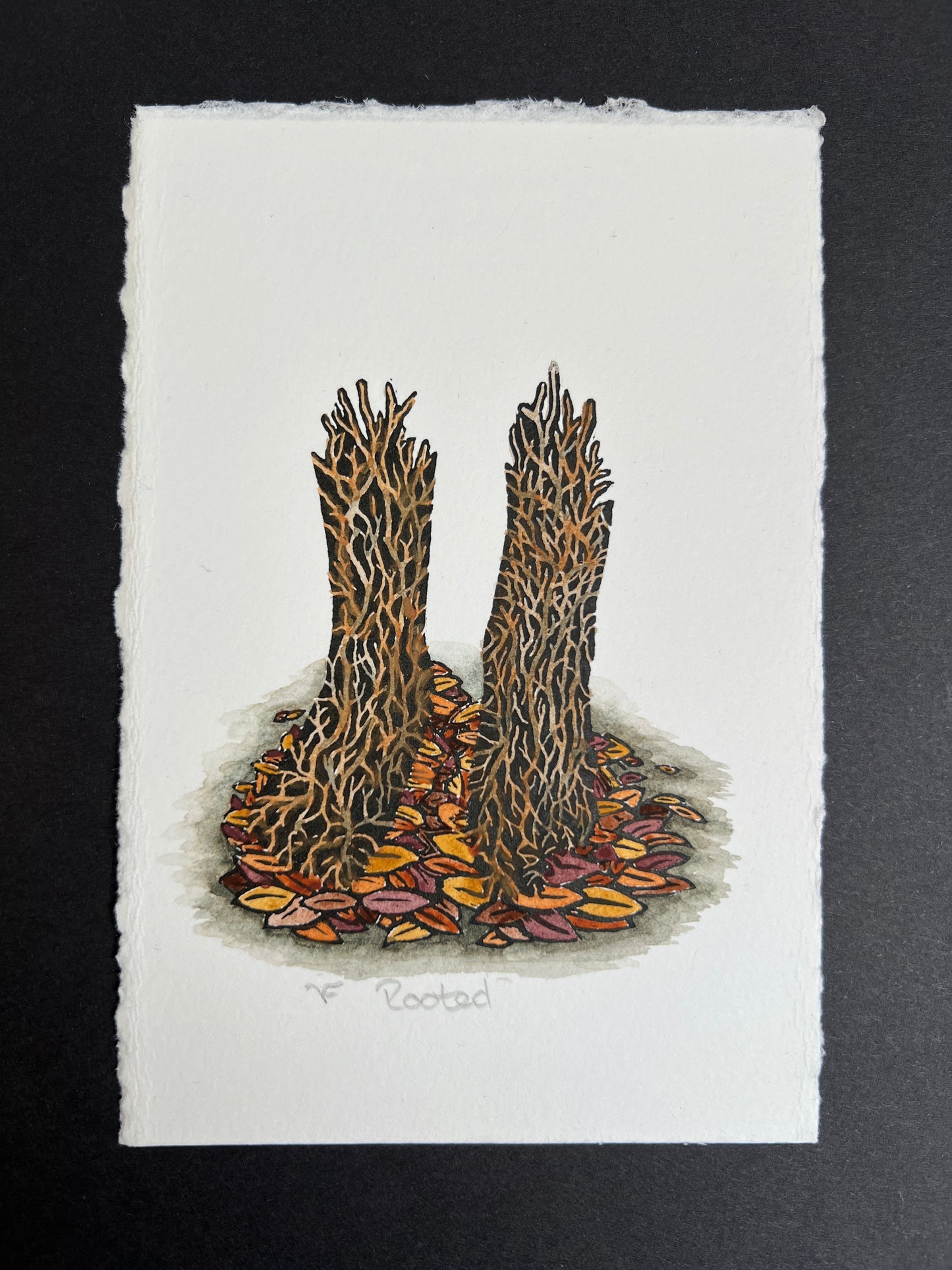 Rooted Original Wood Engraving & Watercolour Print
