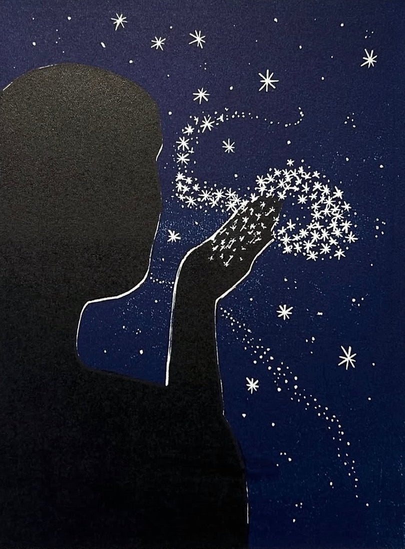 A stylized night-sky artwork showing a black silhouette of a person with an outstretched hand, surrounded by white stars and a trail of sparkles against a deep blue background.