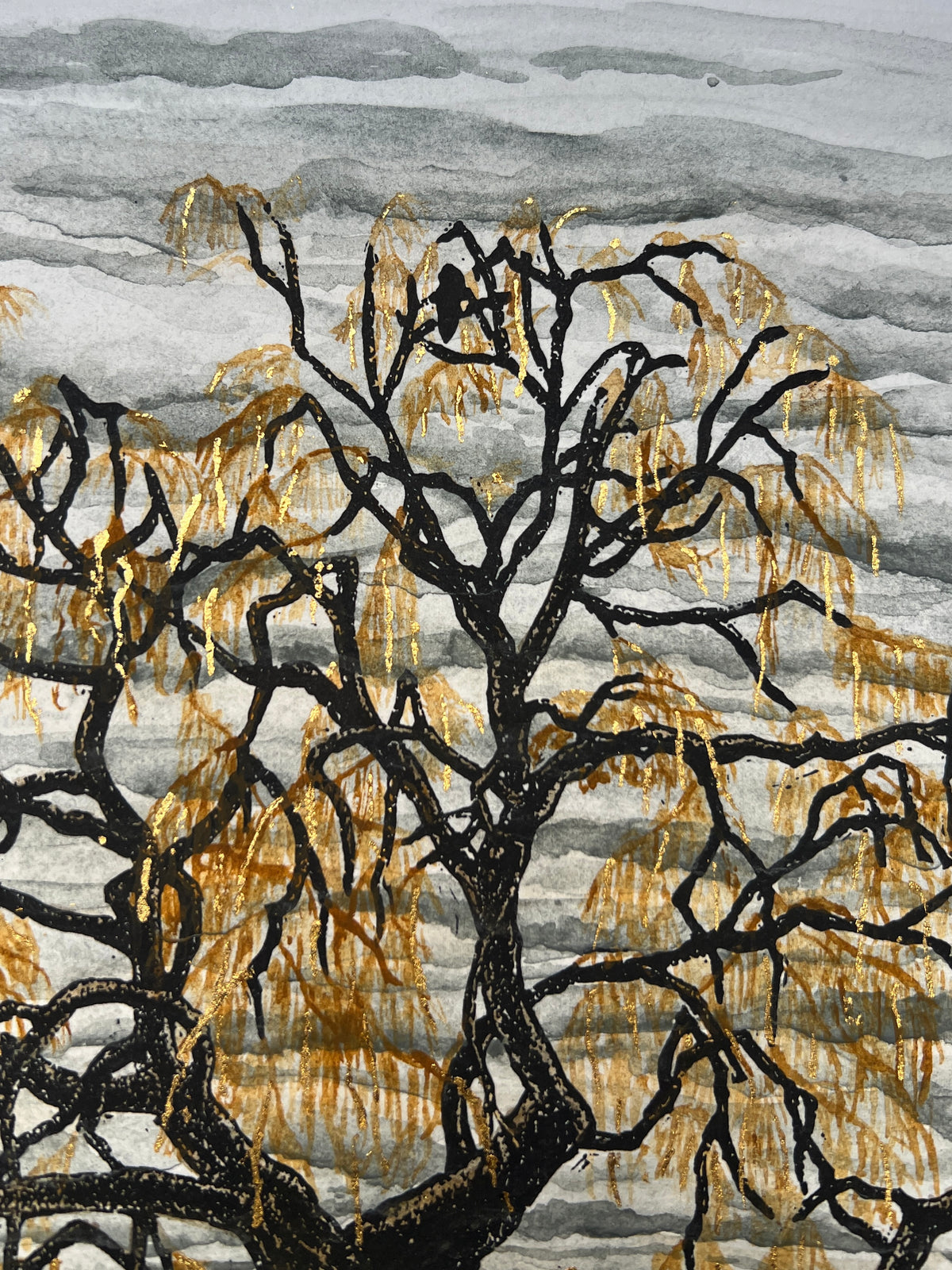 The Golden Willow Original Linoprint & Watercolour