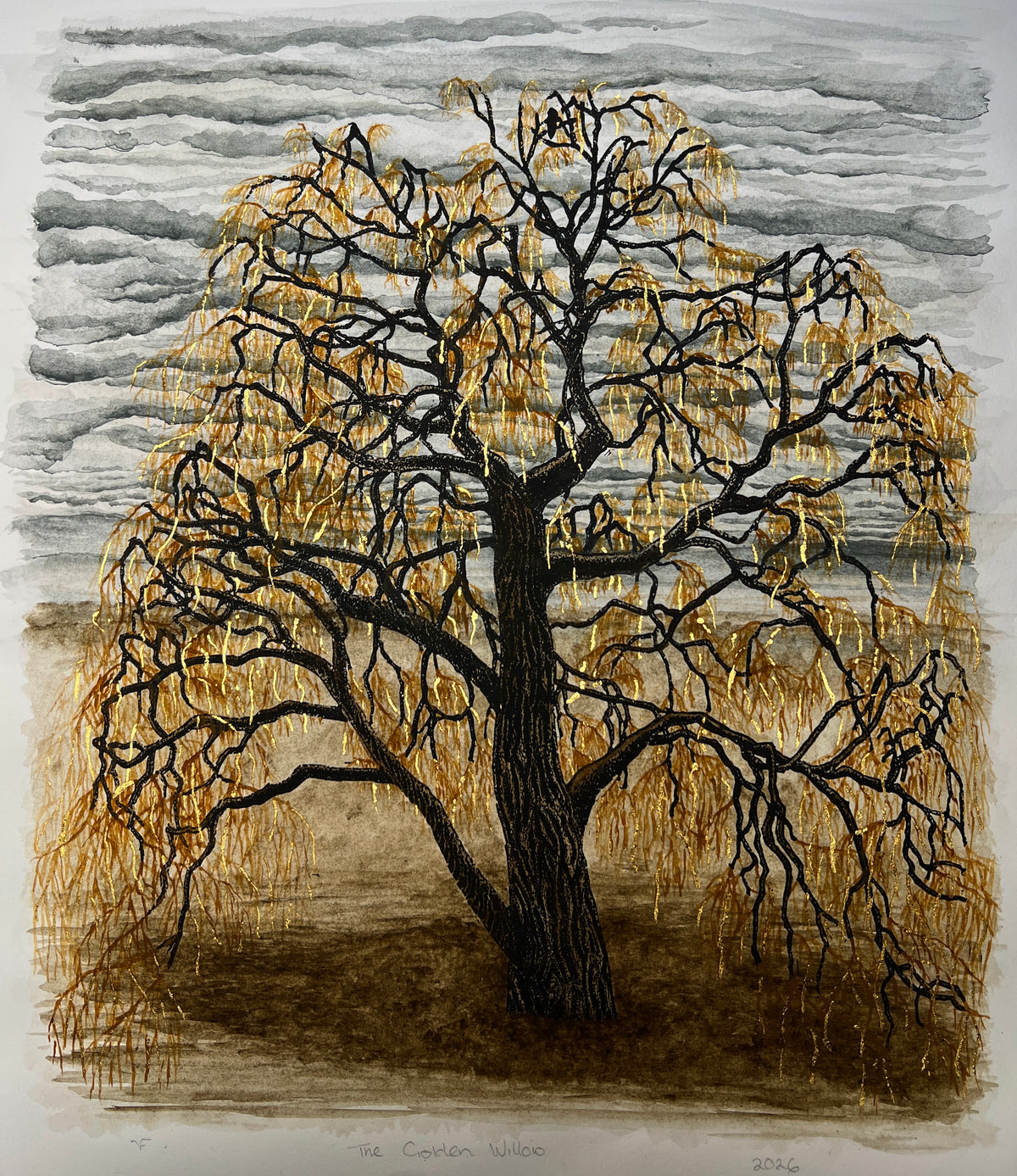 The Golden Willow Original Linoprint & Watercolour