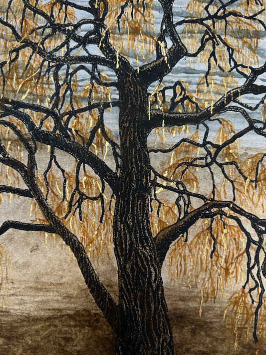 The Golden Willow Original Linoprint & Watercolour